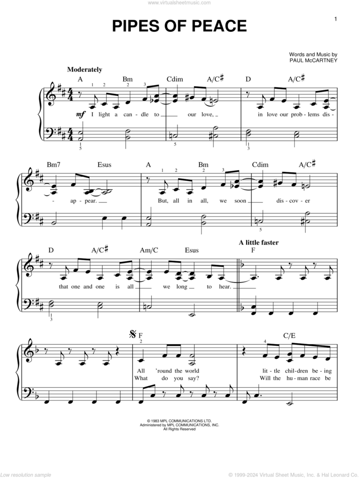 Pipes Of Peace sheet music for piano solo by Paul McCartney, easy skill level