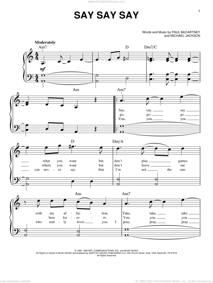 Say Say Say sheet music for piano solo by Paul McCartney, Paul McCartney and Michael Jackson and Michael Jackson, easy skill level