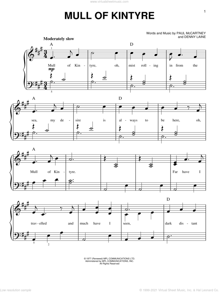 Mull Of Kintyre sheet music for piano solo by Wings, Denny Laine and Paul McCartney, easy skill level