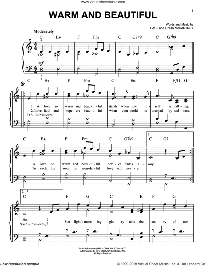 Warm And Beautiful sheet music for piano solo by Wings, Linda McCartney and Paul McCartney, easy skill level