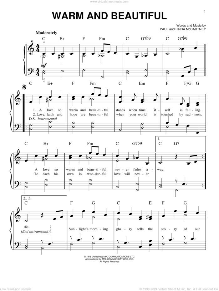 Warm And Beautiful sheet music for piano solo by Wings, Linda McCartney and Paul McCartney, easy skill level