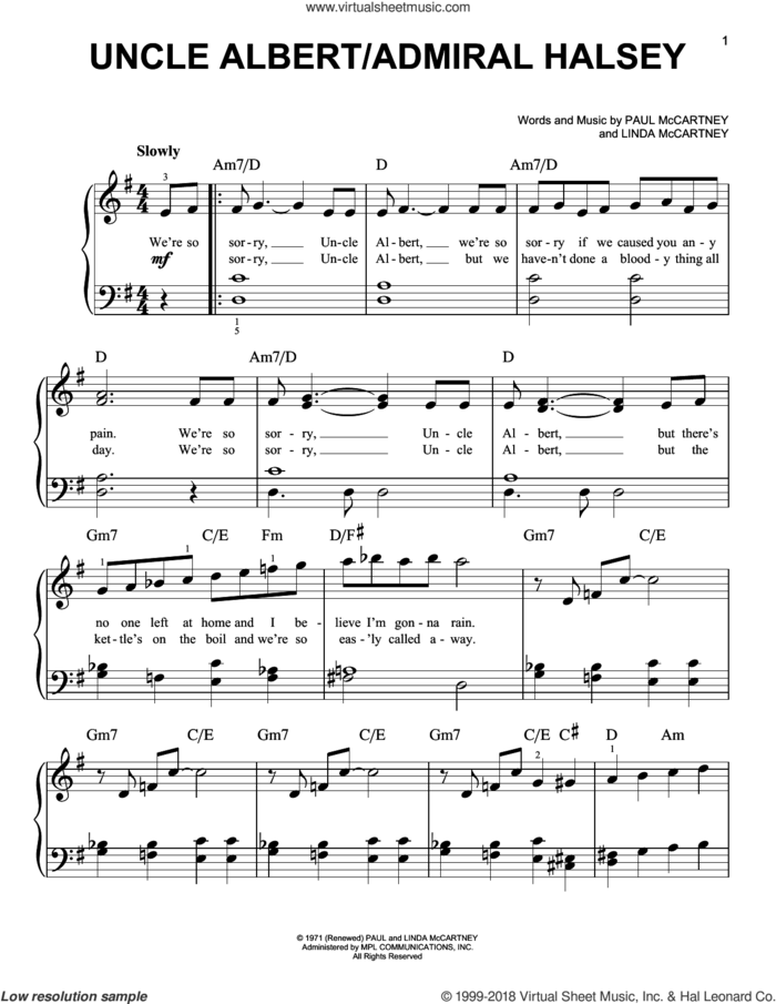 Uncle Albert/Admiral Halsey sheet music for piano solo by Paul McCartney and Linda McCartney, easy skill level