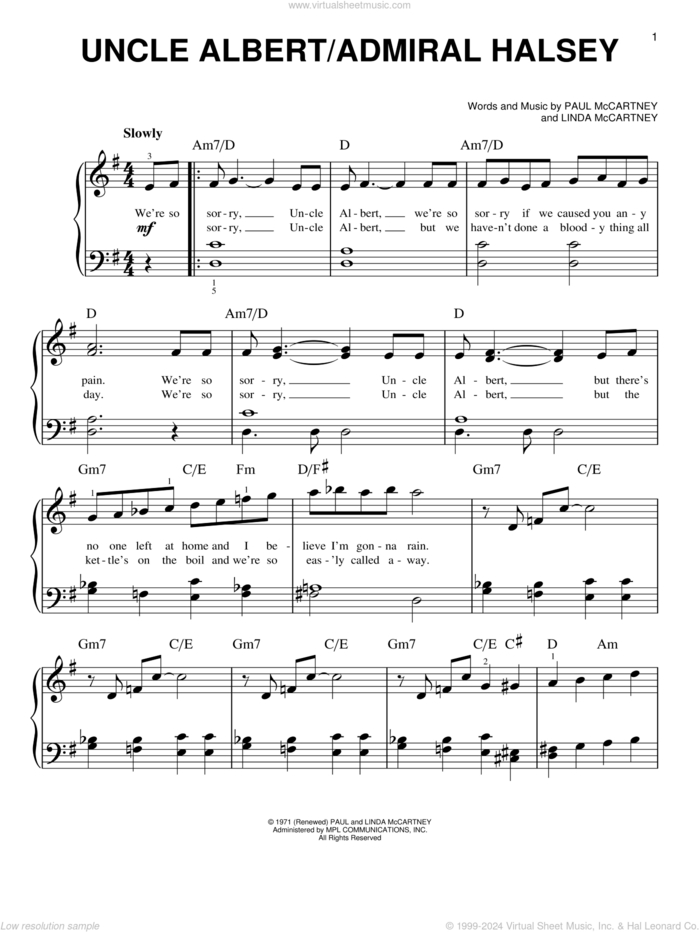 Uncle Albert/Admiral Halsey sheet music for piano solo by Paul McCartney and Linda McCartney, easy skill level