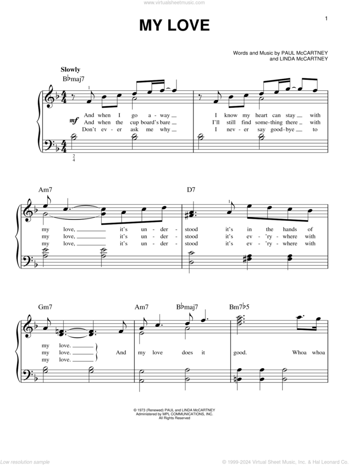 My Love sheet music for piano solo by Paul McCartney, Paul McCartney and Wings and Linda McCartney, easy skill level