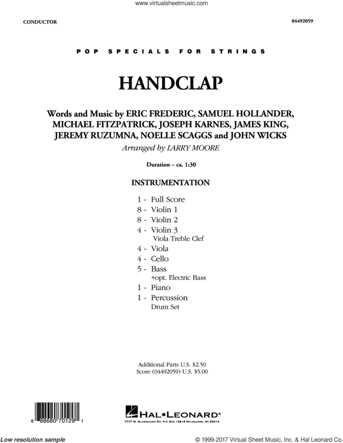HandClap (COMPLETE) sheet music for orchestra by Larry Moore, Eric Frederic, Fitz And The Tantrums, James King, Jeremy Ruzumna, John Wicks, Joseph Karnes, Michael Fitzpatrick, Noelle Scaggs and Sam Hollander, intermediate skill level