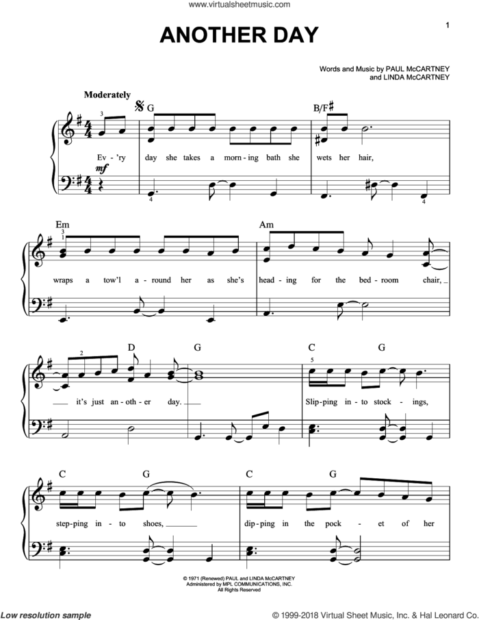 Another Day sheet music for piano solo by Paul McCartney and Linda McCartney, easy skill level