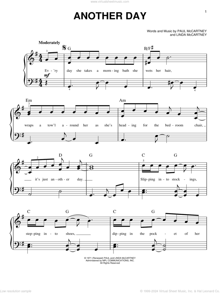 Another Day sheet music for piano solo by Paul McCartney and Linda McCartney, easy skill level