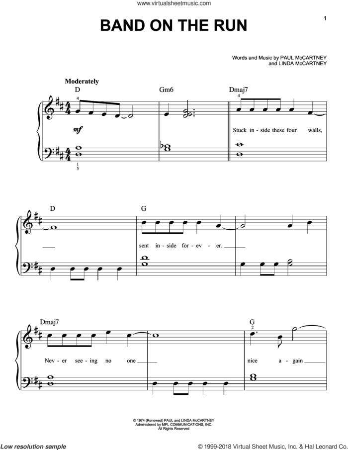 Band On The Run, (easy) sheet music for piano solo by Paul McCartney and Wings, Linda McCartney and Paul McCartney, easy skill level