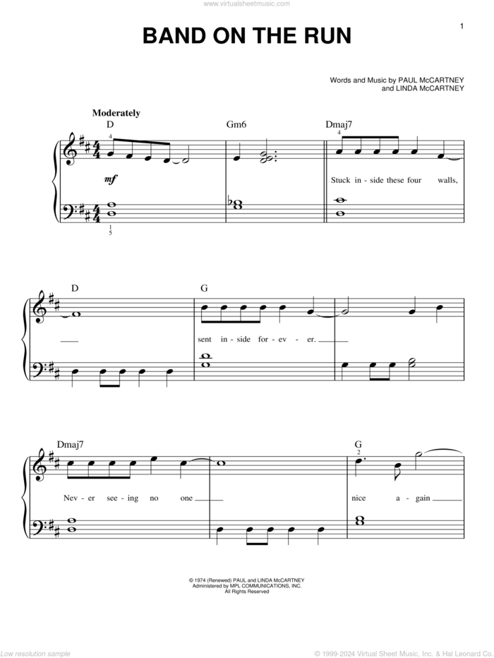 Band On The Run, (easy) sheet music for piano solo by Paul McCartney and Wings, Linda McCartney and Paul McCartney, easy skill level