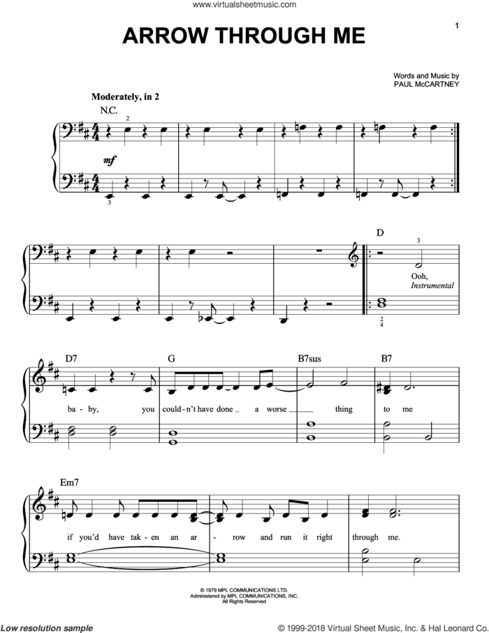 Arrow Through Me sheet music for piano solo by Wings and Paul McCartney, easy skill level