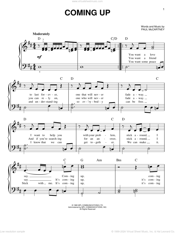 Coming Up sheet music for piano solo by Paul McCartney, easy skill level