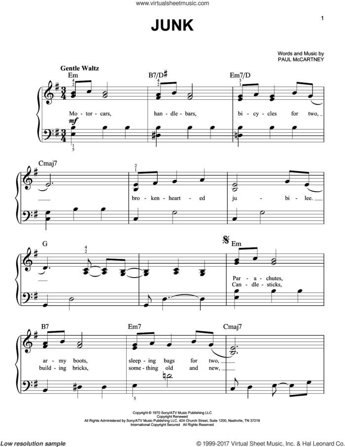 Junk sheet music for piano solo by The Beatles and Paul McCartney, easy skill level