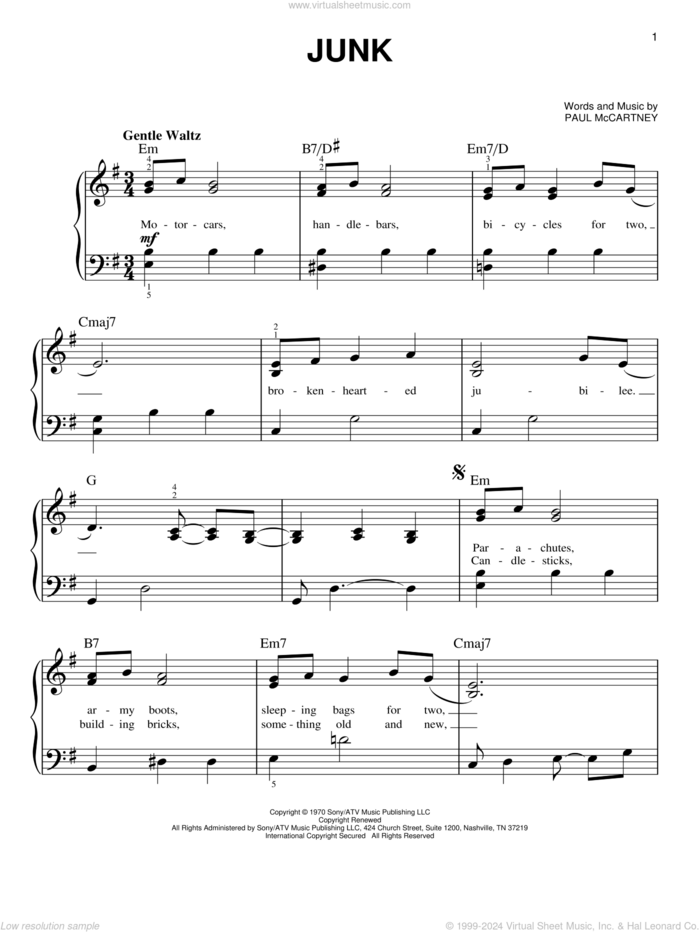 Junk sheet music for piano solo by The Beatles and Paul McCartney, easy skill level