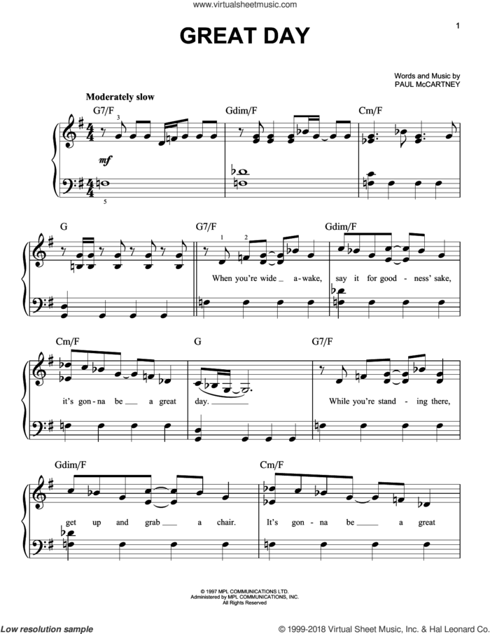 Great Day sheet music for piano solo by Paul McCartney, easy skill level