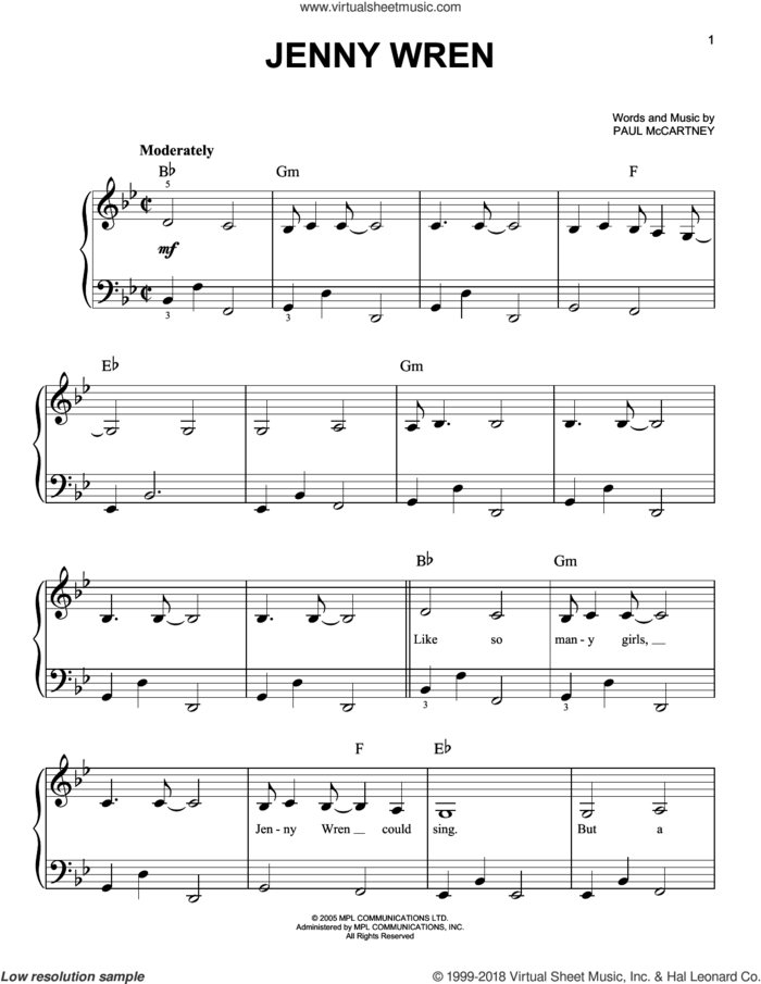 Jenny Wren sheet music for piano solo by Paul McCartney, easy skill level