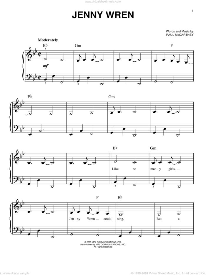 Jenny Wren sheet music for piano solo by Paul McCartney, easy skill level