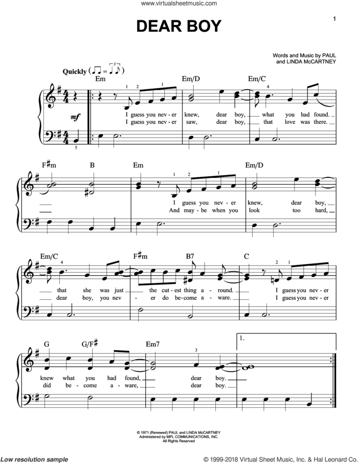 Dear Boy sheet music for piano solo by Paul McCartney and Linda McCartney, easy skill level