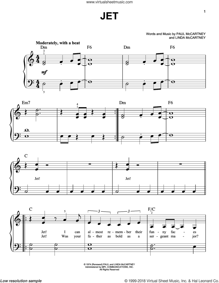 Jet sheet music for piano solo by Paul McCartney and Linda McCartney, easy skill level