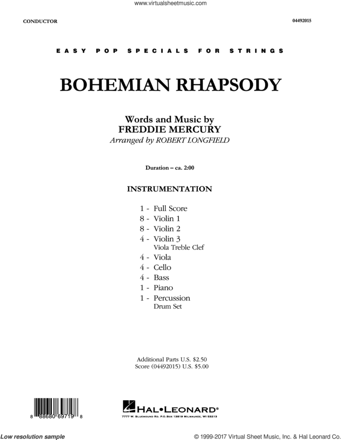Bohemian Rhapsody (COMPLETE) sheet music for orchestra by Queen, Freddie Mercury and Robert Longfield, intermediate skill level