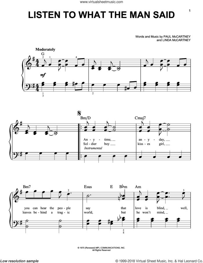 Listen To What The Man Said sheet music for piano solo by Wings, Linda McCartney and Paul McCartney, easy skill level