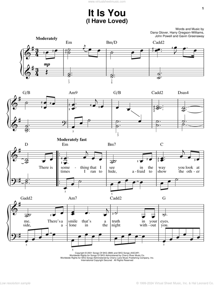 It Is You (I Have Loved), (easy) sheet music for piano solo by Dana Glover, Shrek (Movie), Gavin Greenaway and Harry Gregson-Williams, easy skill level