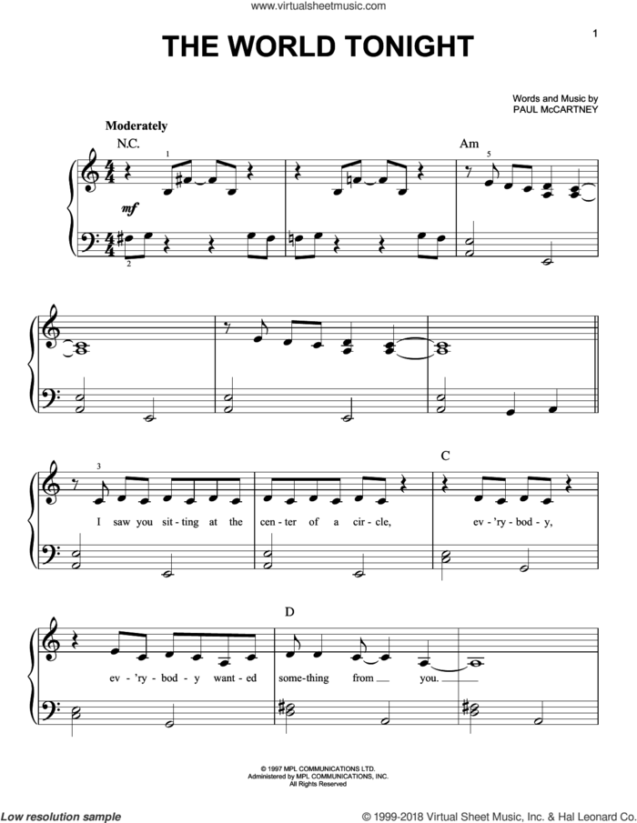 The World Tonight sheet music for piano solo by Paul McCartney, easy skill level