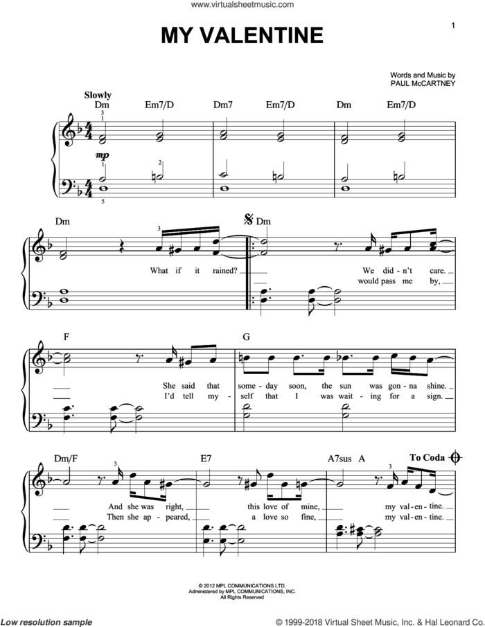 My Valentine, (easy) sheet music for piano solo by Paul McCartney, easy skill level