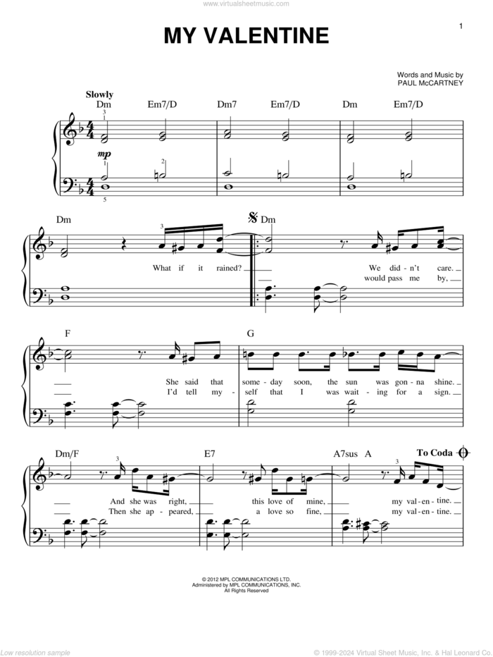 My Valentine, (easy) sheet music for piano solo by Paul McCartney, easy skill level