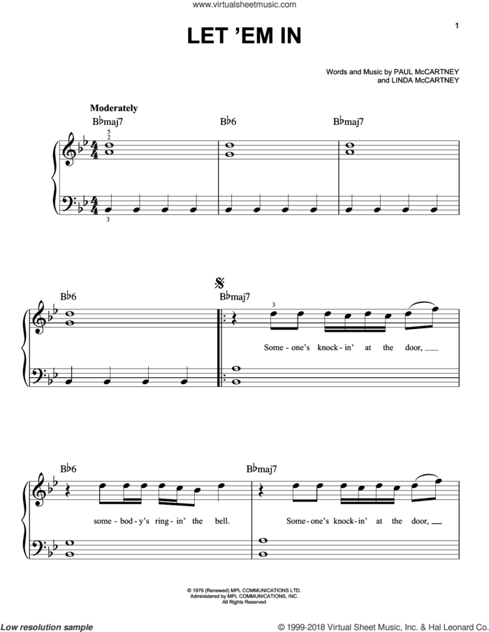 Let 'Em In sheet music for piano solo by Wings, Linda McCartney and Paul McCartney, easy skill level