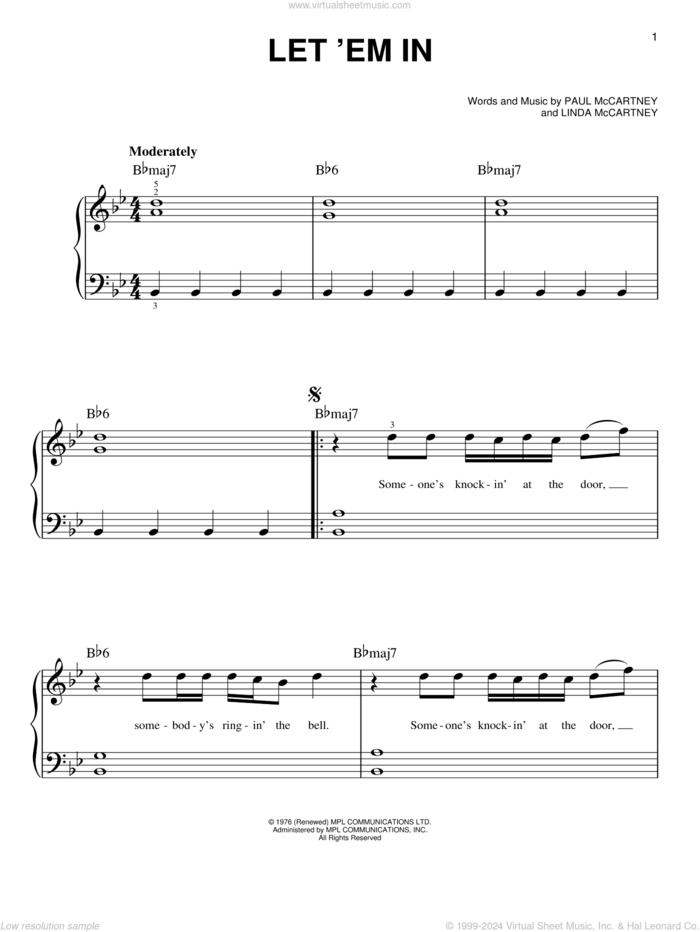 Let 'Em In sheet music for piano solo by Wings, Linda McCartney and Paul McCartney, easy skill level