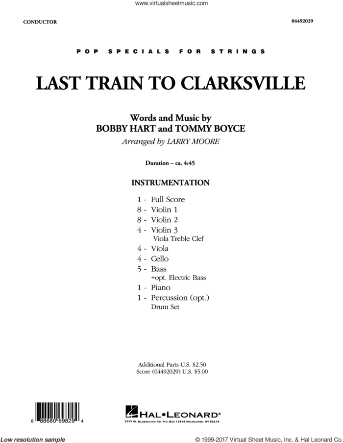 Last Train to Clarksville (COMPLETE) sheet music for orchestra by Larry Moore, Bobby Hart, The Monkees and Tommy Boyce, intermediate skill level