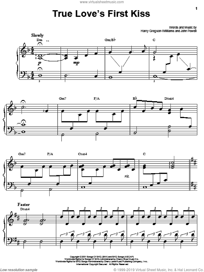 True Love's First Kiss sheet music for piano solo by Harry Gregson-Williams, Shrek (Movie) and John Powell, easy skill level