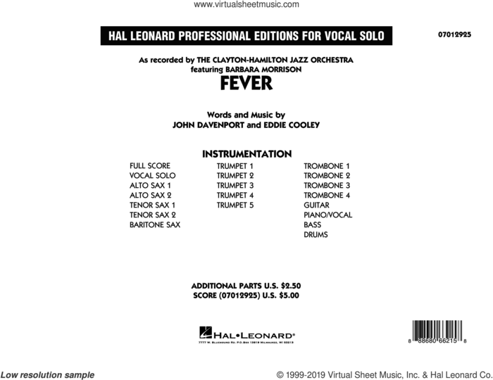 Fever (Key: G min) (COMPLETE) sheet music for jazz band by Peggy Lee, Eddie Cooley, John Clayton and John Davenport, intermediate skill level