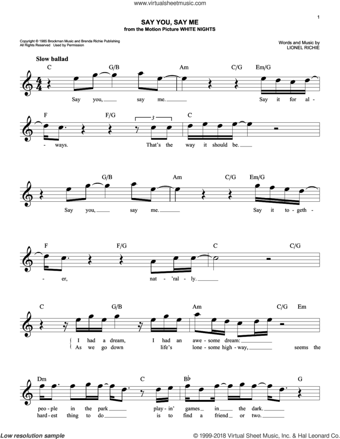 Say You, Say Me sheet music for voice and other instruments (fake book) by Lionel Richie, easy skill level