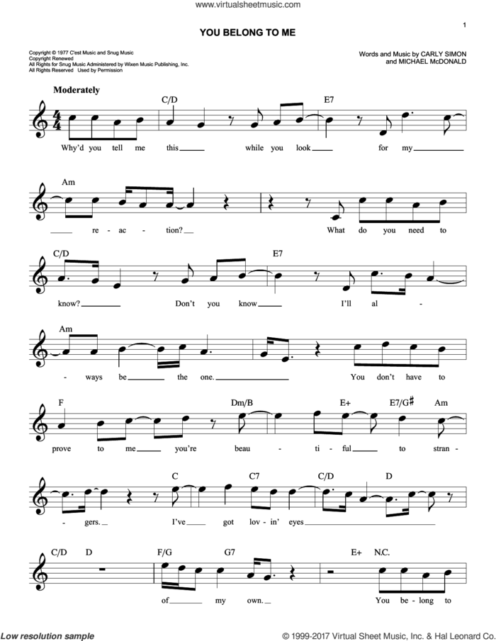 You Belong To Me sheet music for voice and other instruments (fake book) by Carly Simon and Michael McDonald, easy skill level