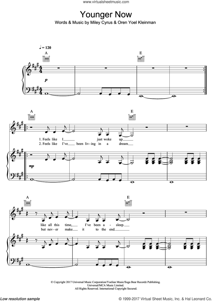 Younger Now sheet music for voice, piano or guitar by Miley Cyrus and Oren Yoel Kleinman, intermediate skill level
