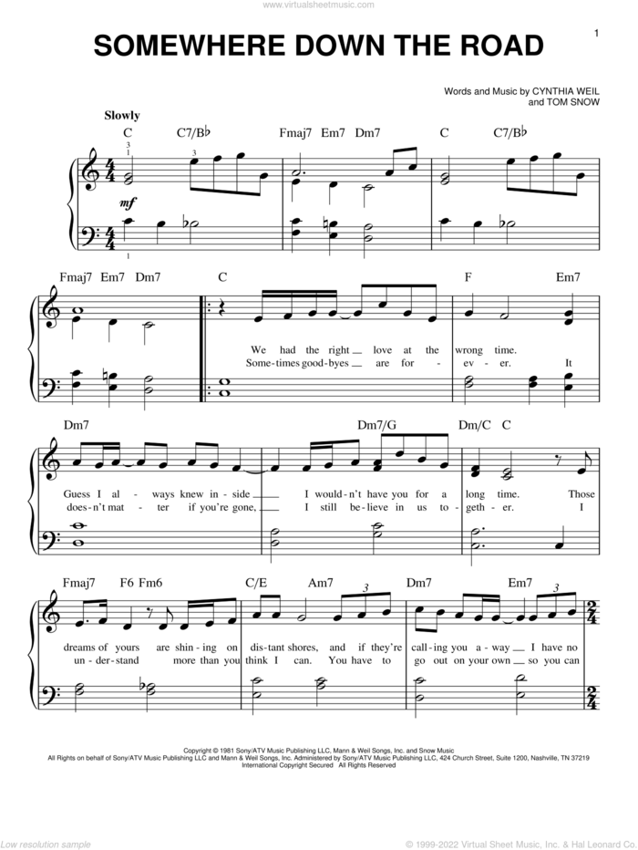 Somewhere Down The Road sheet music for piano solo by Barry Manilow, Cynthia Weil and Tom Snow, easy skill level