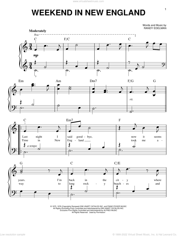 Weekend In New England sheet music for piano solo by Barry Manilow and Randy Edelman, easy skill level
