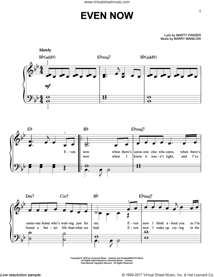 Even Now sheet music for piano solo by Barry Manilow and Marty Panzer, easy skill level