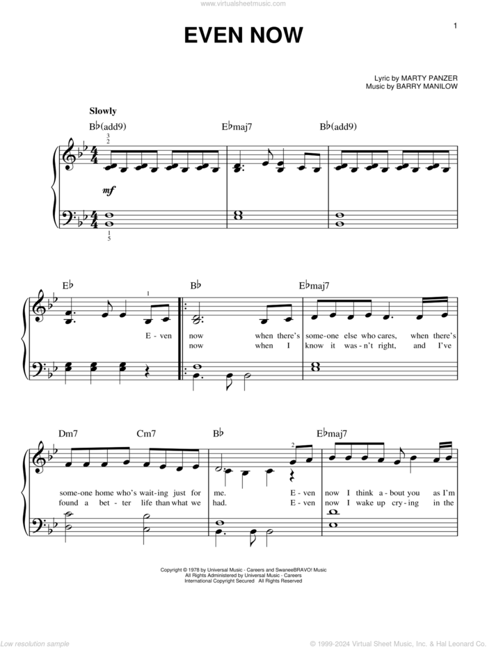 Even Now sheet music for piano solo by Barry Manilow and Marty Panzer, easy skill level