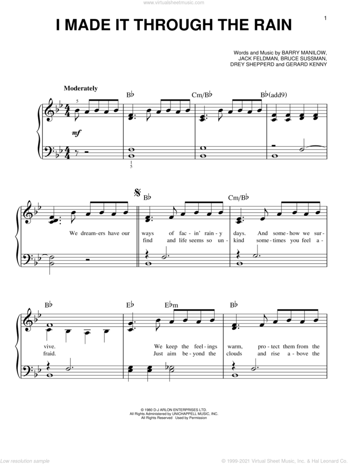 I Made It Through The Rain sheet music for piano solo by Barry Manilow, Bruce Sussman, Drey Shepperd, Gerard Kenny and Jack Feldman, easy skill level
