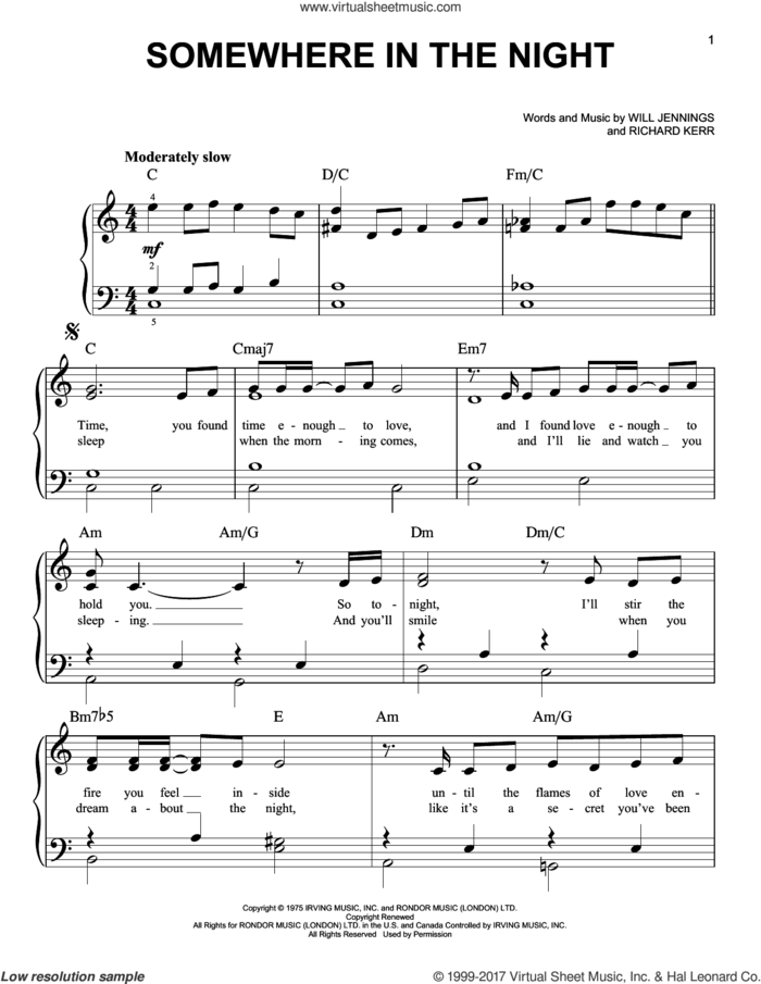 Somewhere In The Night sheet music for piano solo by Barry Manilow, Richard Kerr and Will Jennings, easy skill level