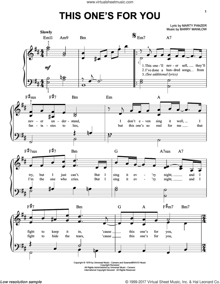 This One's For You sheet music for piano solo by Barry Manilow and Marty Panzer, easy skill level