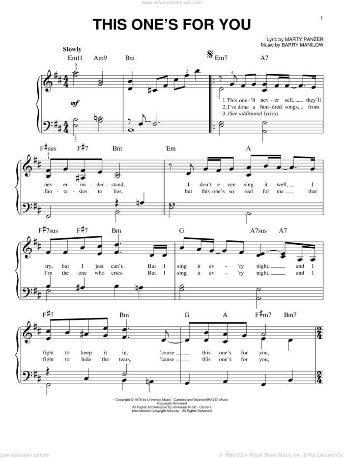 This One's For You sheet music for piano solo by Barry Manilow and Marty Panzer, easy skill level