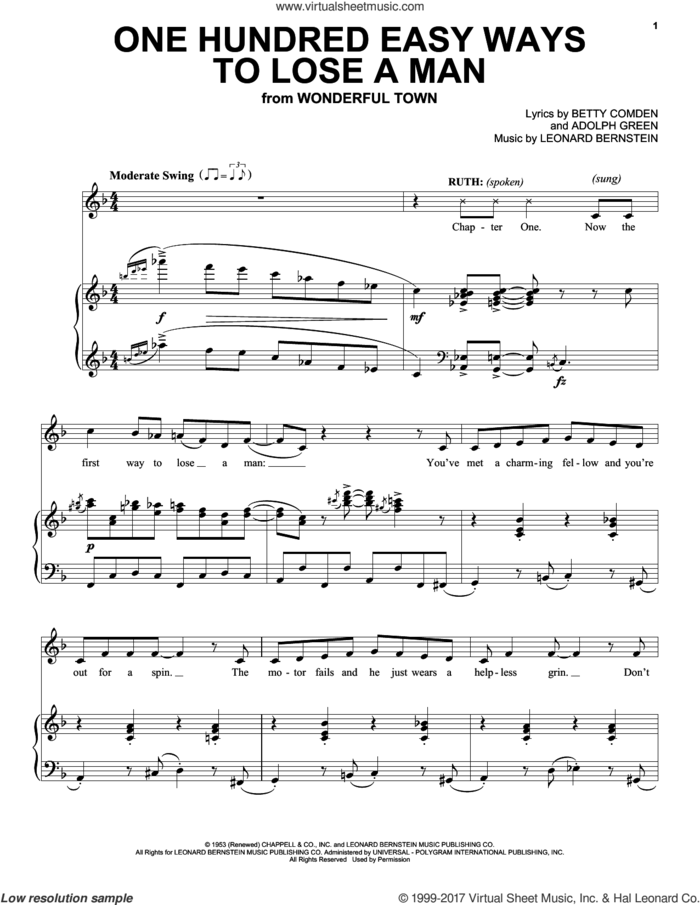 One Hundred Easy Ways To Lose A Man sheet music for voice and piano by Adolph Green, Betty Comden and Leonard Bernstein, intermediate skill level