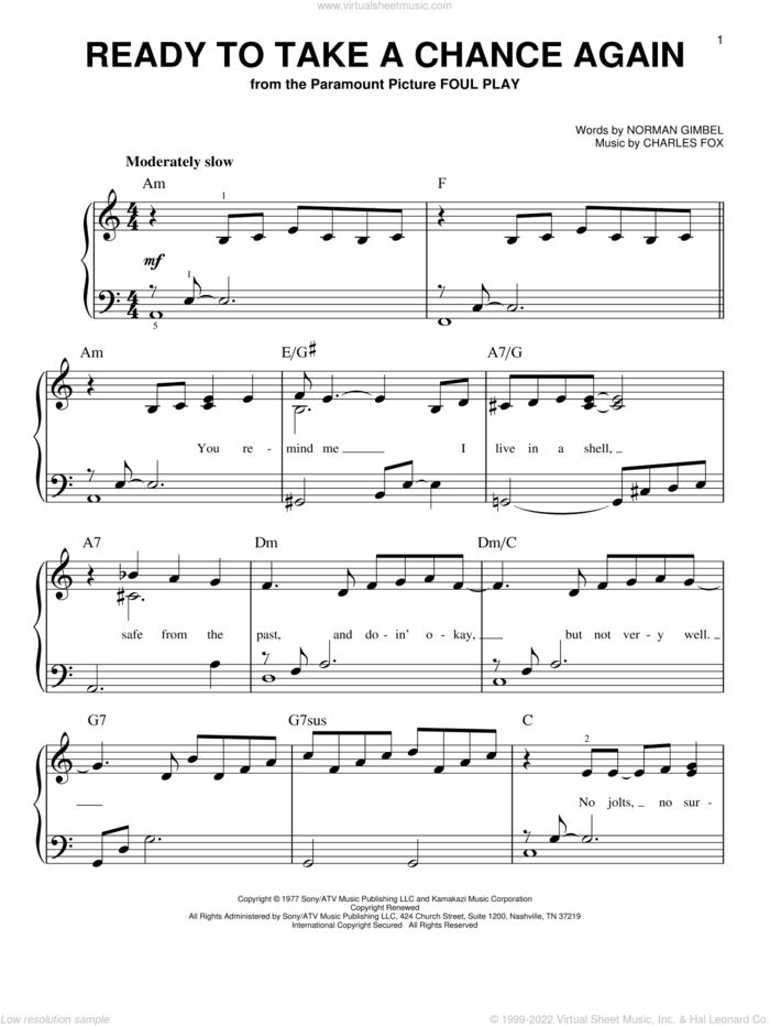 Ready To Take A Chance Again (Love Theme) (from Foul Play) sheet music for piano solo by Barry Manilow, Charles Fox and Norman Gimbel, easy skill level