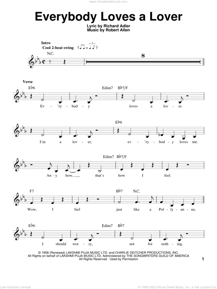 Everybody Loves A Lover sheet music for voice solo by Robert Allen and Richard Adler, intermediate skill level