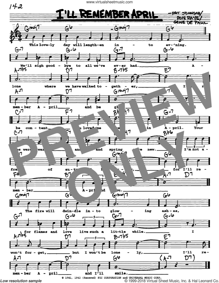 I'll Remember April sheet music for voice and other instruments  by Woody Herman, Don Raye, Gene DePaul and Pat Johnson, intermediate skill level