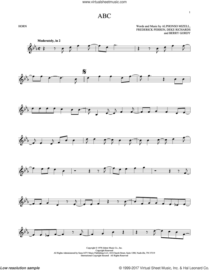 ABC sheet music for horn solo by The Jackson 5, Alphonso Mizell, Berry Gordy, Deke Richards and Frederick Perren, intermediate skill level