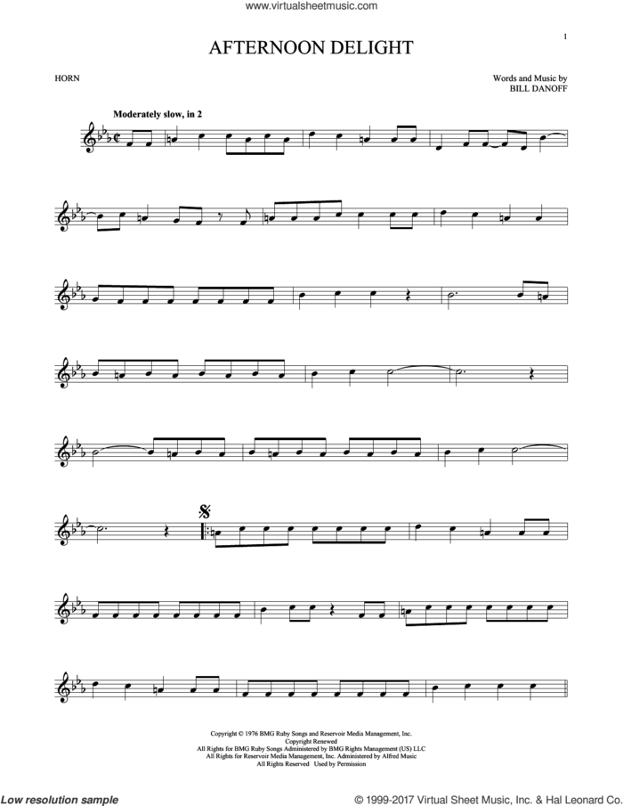 Afternoon Delight sheet music for horn solo by Starland Vocal Band and Bill Danoff, intermediate skill level